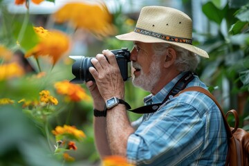 Fototapeta premium Learning Through the Lens: Retired Man Pursuing Photography Passion in a Class for Educational Retirement Hobby