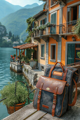 Obraz premium Leather backpack resting on wooden pier with italian village in background