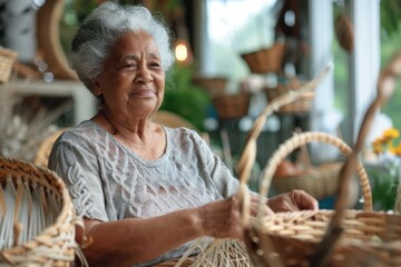 Serene Retired Woman Weaving Baskets - Traditional Hobby in Tranquil Setting