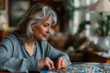 Fototapeta premium Serene Retired Woman Enjoying Jigsaw Puzzle, Leisurely Retirement Pastime