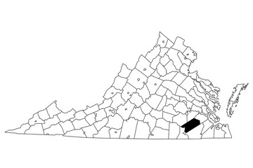Map of Sussex County in Virginia state on white background. single County map highlighted by black colour on Virginia map. UNITED STATES, US