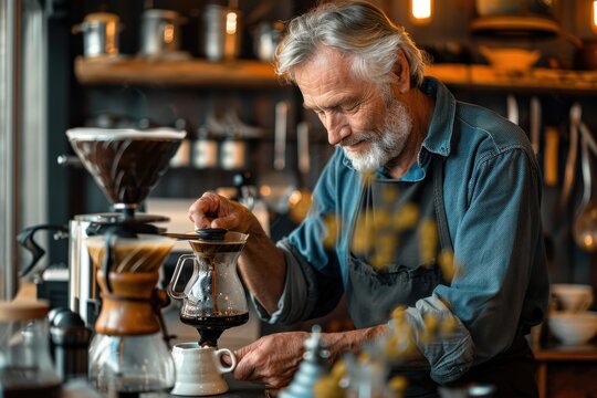 Senior Man Enjoying Culinary Retirement Hobby by Brewing Coffee in Profile View