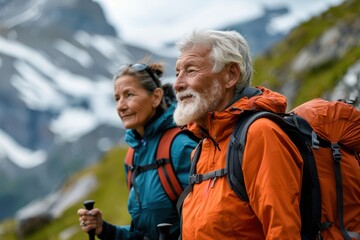 Active senior couple enjoying a scenic hike in nature during retirement