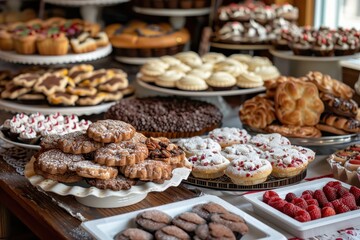 A delightful assortment of various pastries and desserts displayed on a table in a bakery shop.