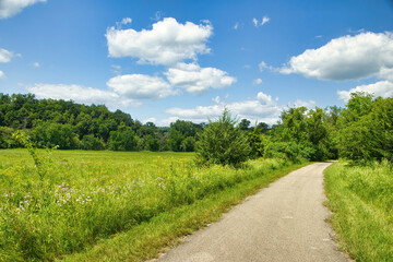 Sunny Summer day landscape of the Root River and Harmony-Preston Valley Trails passing through farm fields and forests near Preston, Minnesota.