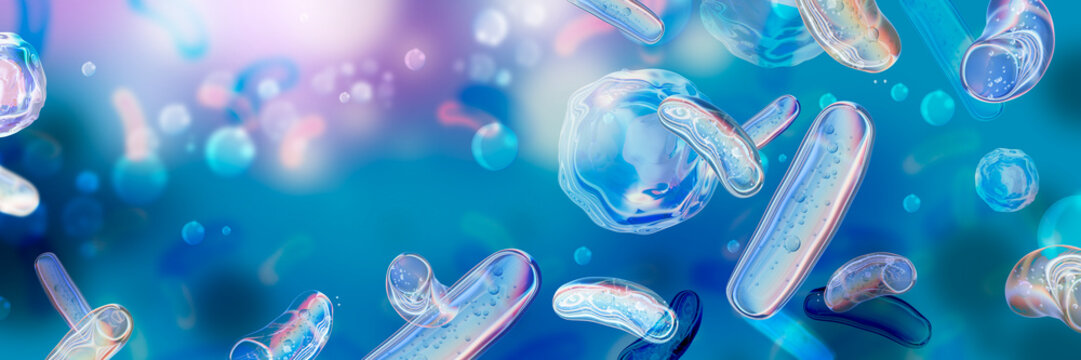 3D probiotic medical background render, microbiology bacillus microflora blue banner, microbiota. Health digestive care bacterial microorganism concept, salmonella microscope germ. 3D probiotic design