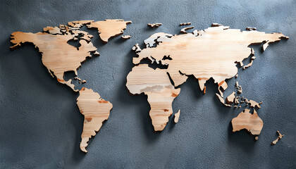 Flat lay abstract surface of world map made of wooden plywood on a gray cement wall background with space to copy, panoramic view