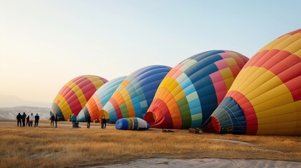 Colorful hot air balloons lying on open field with people preparing them for flight