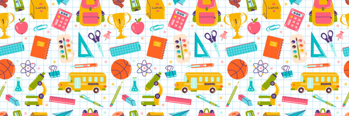 School supplies elements, vector seamless pattern in hand drawn style, back to school concept