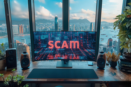 Computer showing scam alert on screen in modern office
