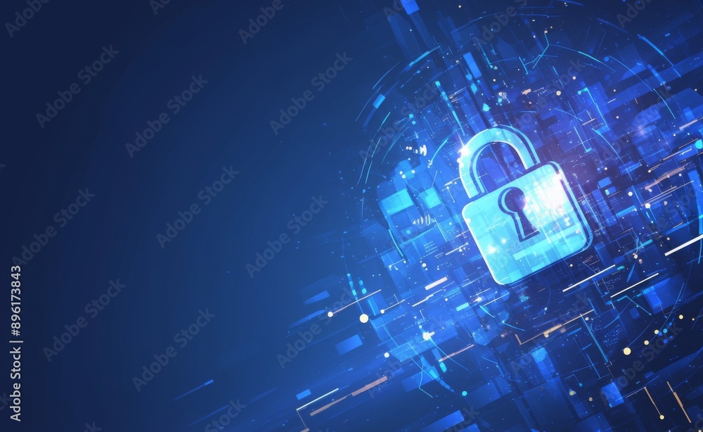 Poster abstract digital wireframe network with lock symbol, glowing dots on blue background, cyber security