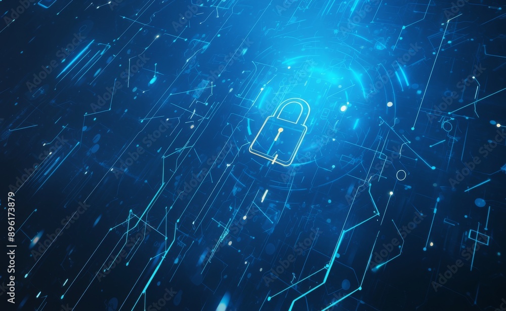 Poster abstract digital wireframe network with lock symbol, glowing dots on blue background, cyber security