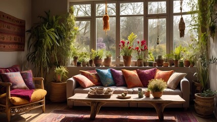 Fototapeta premium A bohemian-style living room bathed in warm sunlight