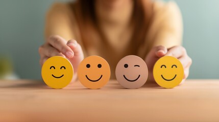 Four emoji face icons with different expressions being held by a person on a wooden surface.