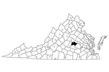 Obraz premium Map of Powhatan County in Virginia state on white background. single County map highlighted by black colour on Virginia map. UNITED STATES, US