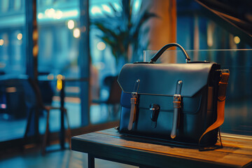 Elegant leather briefcase sitting on a wooden table in a modern office setting