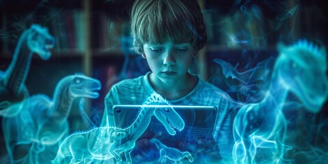 Young boy immersed in a virtual reality experience with a digital dinosaur, highlighting the intersection of technology, imagination, and education