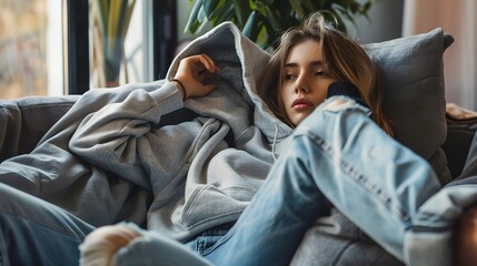 Obraz premium Woman in Oversized Hoodie: A relaxed woman lounging on a sofa, wearing an oversized men's hoodie and casual jeans. 