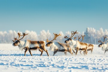 Obraz premium A herd of reindeer traverse a snowy field under a crisp blue winter sky, their breath fogging up in the freezing air