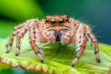 Close-up macro photograph of a spider on a leaf, showcasing detailed features such as eyes and legs, highlighting the intricate beauty and curious nature of these small arachnid creatures