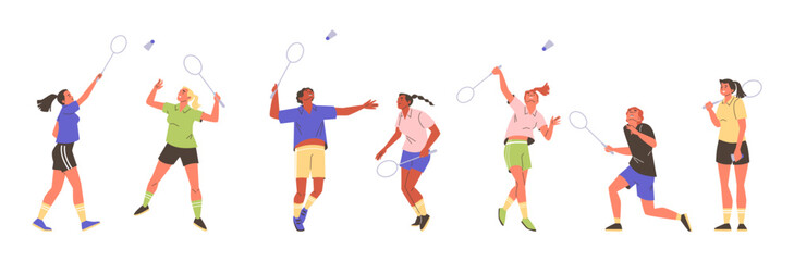 Professional badminton players with racket in action vector set, cartoon young people hitting shuttlecock, sport game