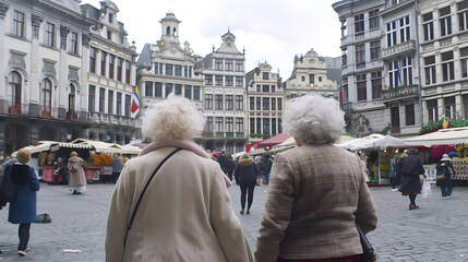 Obraz premium Two elderly women with white hair walking through a European city square, surrounded by historic buildings and market stalls