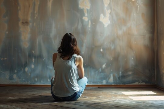 A sad woman sits alone in an empty room. A lonely girl feels depressed and anxious without anyone's help