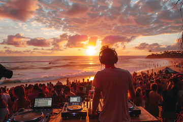 Dj mixing outdoor at beach party festival with crowd of people in background in the sunset