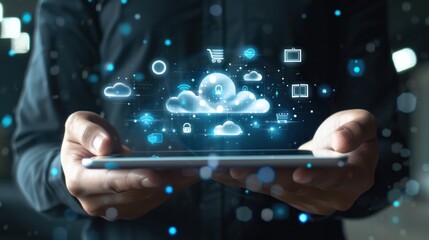 Close-up of the hand of a businessman using a tablet or smartphone with cloud computing, Computer system resources, and data storage, Cloud service technologies concept.