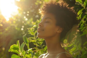 A woman spending time in nature, promoting fresh air and sunlight for vibrant skin