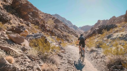 Obraz premium Cyclist in a nature park with mountains in the background