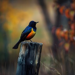 Vibrant Bird Perched on Wooden Post