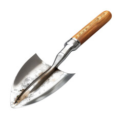 Fototapeta premium A stainless steel garden trowel with a wooden handle, ideal for digging, planting, and maintaining garden beds.