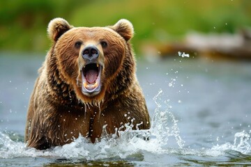 Obraz premium angry brown bear in river water