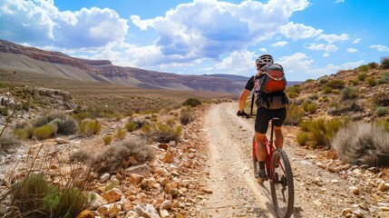 Fototapeta premium Cyclist in a nature park with mountains in the background