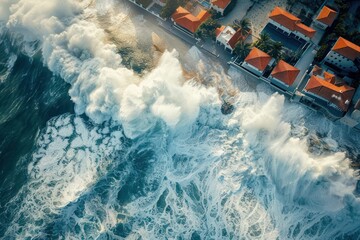 arial view big waves hitting houses. global warming and sea level rise