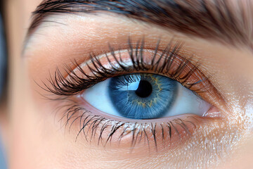 Obraz premium A woman's eye with a blue iris and painted eyelashes, close-up. Ophthalmology and lens selection