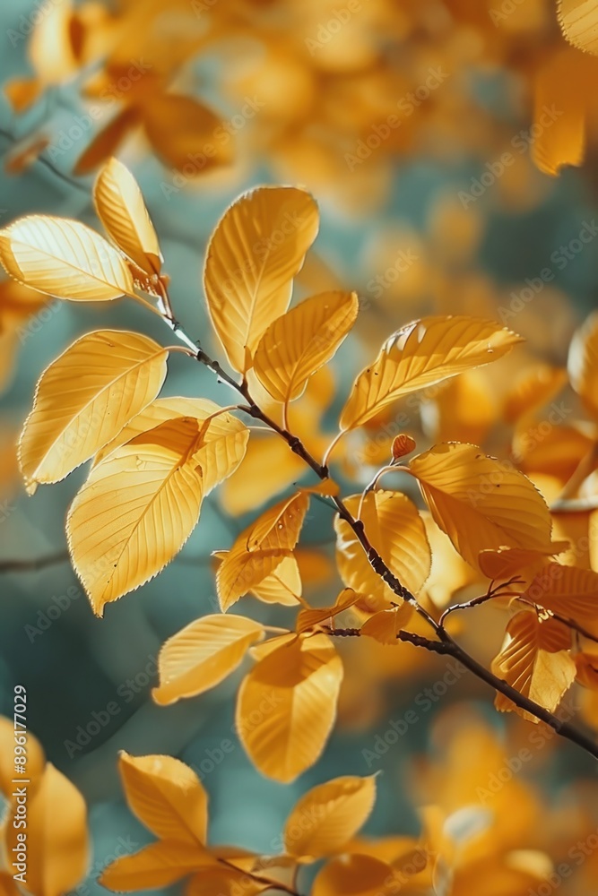 Poster a detailed view of a tree branch with bright yellow foliage, great for autumn or nature-inspired com