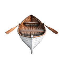 Small wood rowboat with oars isolated on white background, perfect for travel, adventure, and nautical-themed designs.
