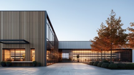 Obraz premium Modern commercial building facade with large glass windows, landscaped entrance, and autumn trees. The architecture features clean lines and a contemporary design.