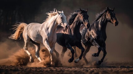 Three Horses Galloping Through Dust