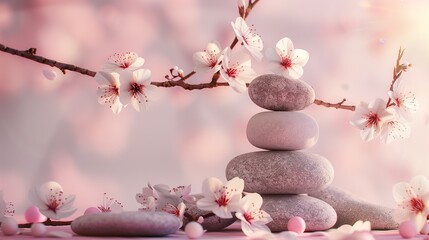 A delicate branch of cherry blossoms leans against a stack of smooth gray stones, symbolizing tranquility and balance.