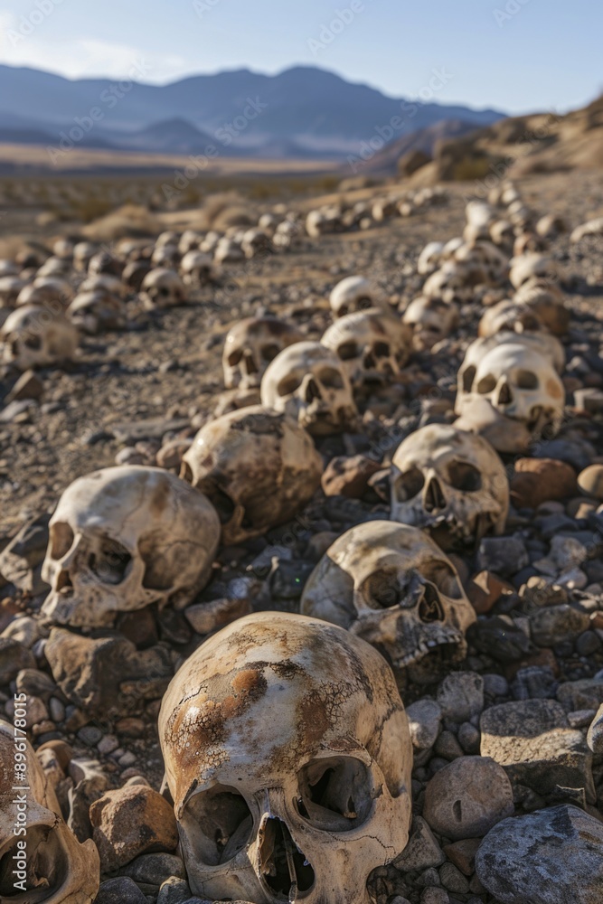 Poster a group of skulls sit atop a pile of rocks, with no surrounding context