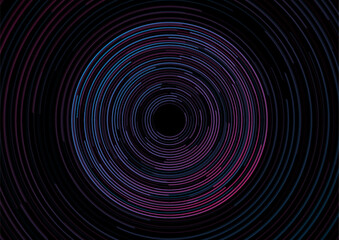 Blue and purple round lines abstract tech futuristic background. Minimal linear circles on black. Vector digital art design
