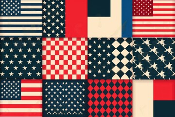 A collection of various American flags displayed on a wall