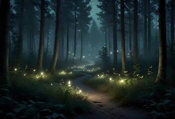 Fototapeta premium A firefly lighting up the dark underbrush of an enchanted elven fairy tale fantasy forest at night.