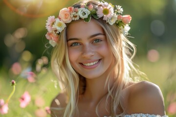 Obraz premium beautiful young blonde woman with a flower crown smiling outdoors