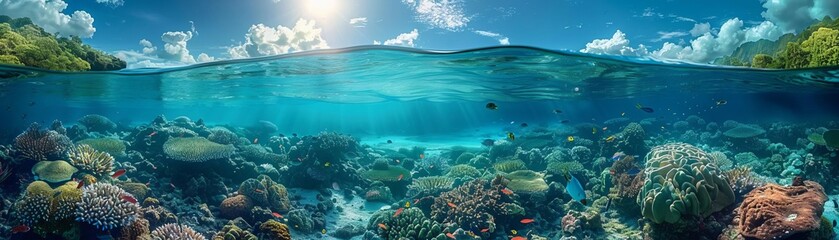 Naklejka premium Exploring coral reefs and underwater ecosystems through snorkeling, highlighting coral conservation efforts and marine biodiversity in snorkeling destinations