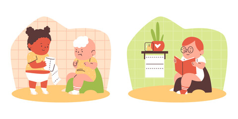 Flat vector set: children on potties, washroom scene.