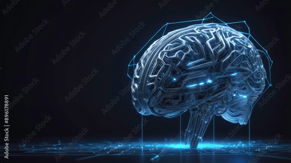 Sticker cyber brain rendered in digital wireframe polygon style with blue glowing lines and dots
